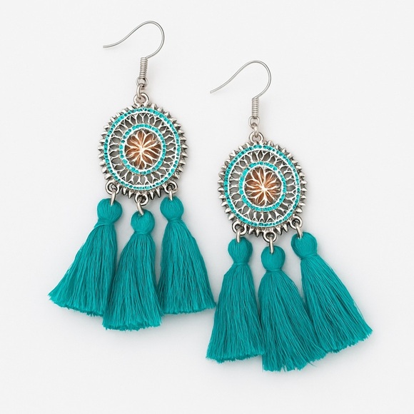 Bohemian Statement Tassel Earrings – Teal Green, Turquoise - Picture 1 of 2
